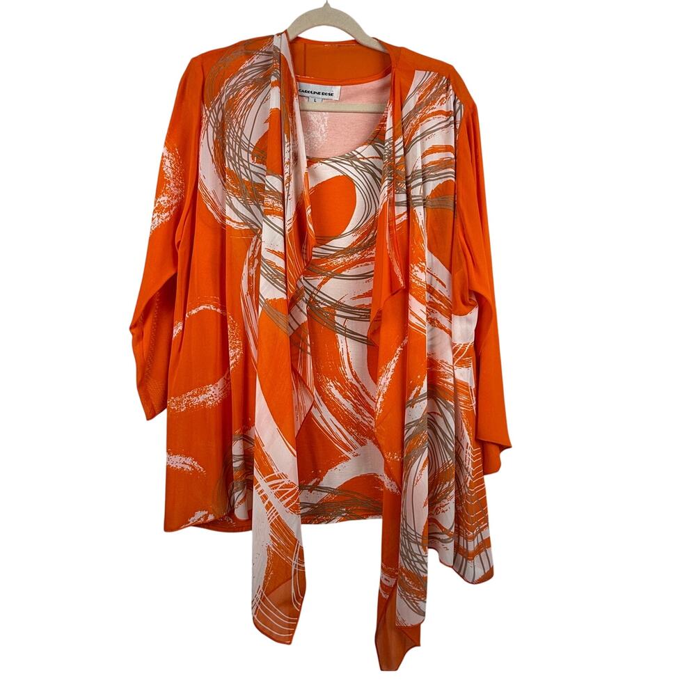 Caroline Rose Cardigan Tank Set Orange Abstract Print Size L